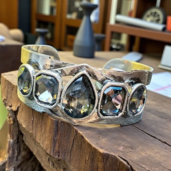 STATEMENT SILVER CUFF BRACELET LARGE FACETED SMOKY CRYSTALS –WOMEN’S BOLD DESIGN - Picture 8 of 17